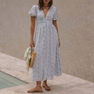 Chic Light Blue Floral Maxi Dress with Puff Sleeve